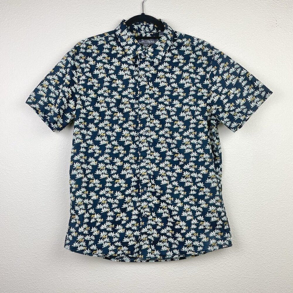 Slate & Stone Men's Medium Short Sleeve Button Down Shirt Top Tiger Agave Black